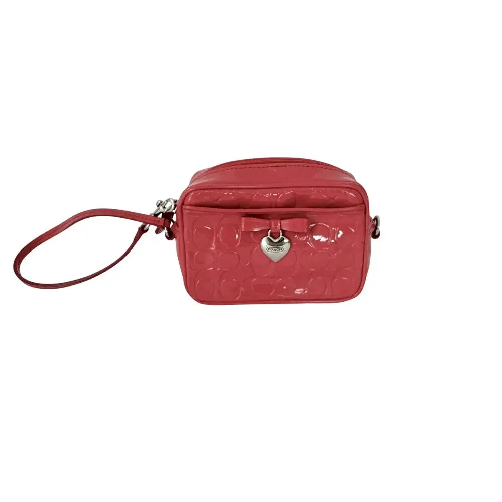 Coach Signature Embossed Liquid Gloss Pouch Wristlet Patent Leather Pink